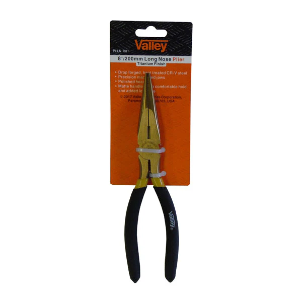 8" LONG NOSE PLIER, CR-V/TITANIUM FINISH, FOAM GRIPS