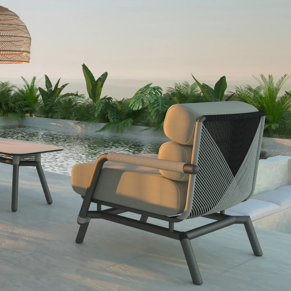 Amazonia Armchair with Graphite Frame, Granite and Fieldstone Rope with Bliss Aloe Sunbrella Cushions - Image 6